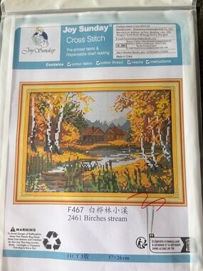 Birches Fall  by Stream Pre-Printed Joy Sunday Cross Stitch Kit 11ct Aid - NEW